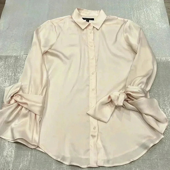 [S] BANANA REPUBLIC Dillon Shirt Pink Button Front Blouse  L/S bell tie sleeves - Picture 4 of 8